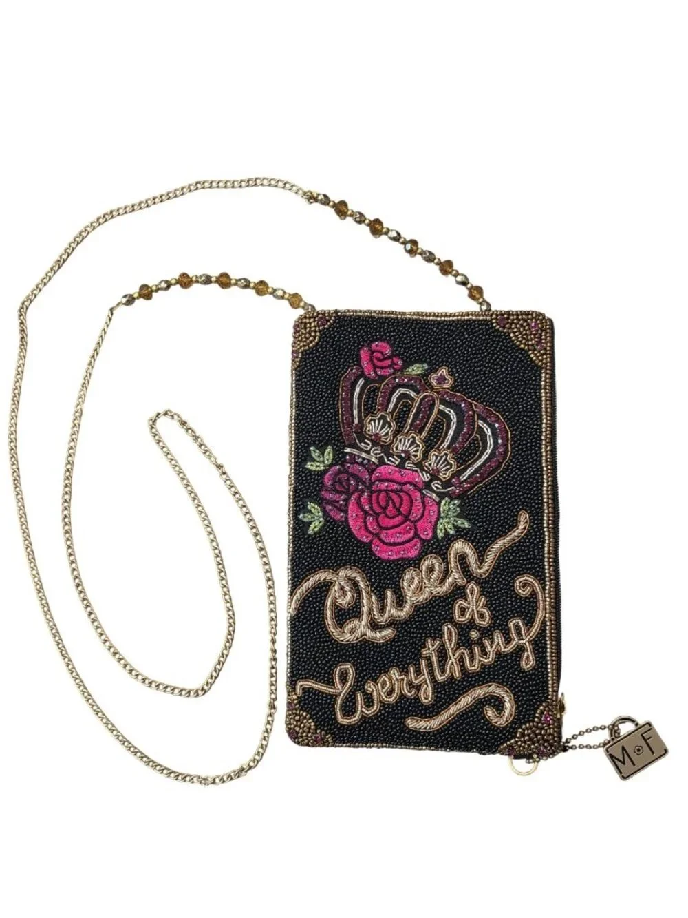 Mary Frances Queen Of Everything Beaded Crossbody Bag 2 pockets and beaded chain